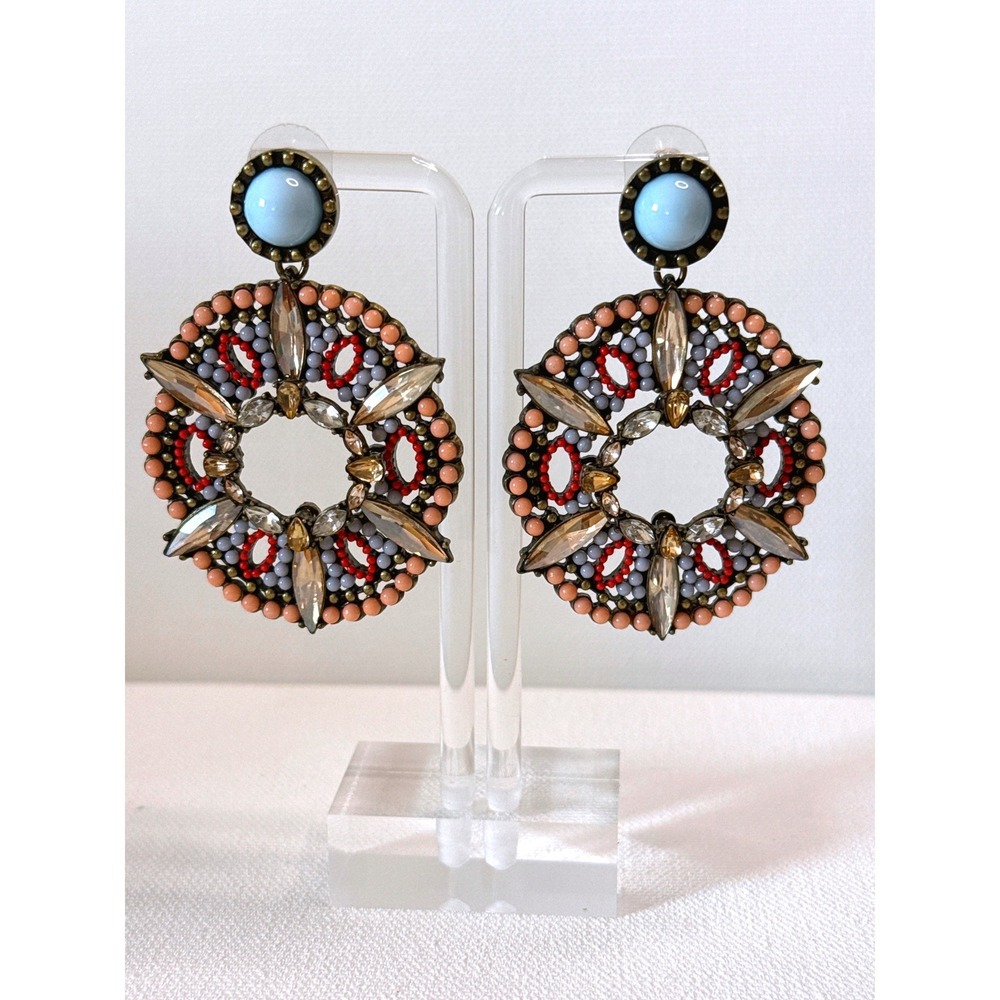 Tribal Bohemian Beaded Medallion post Drop Earrings Gold Tone Coral Blue Crystal
